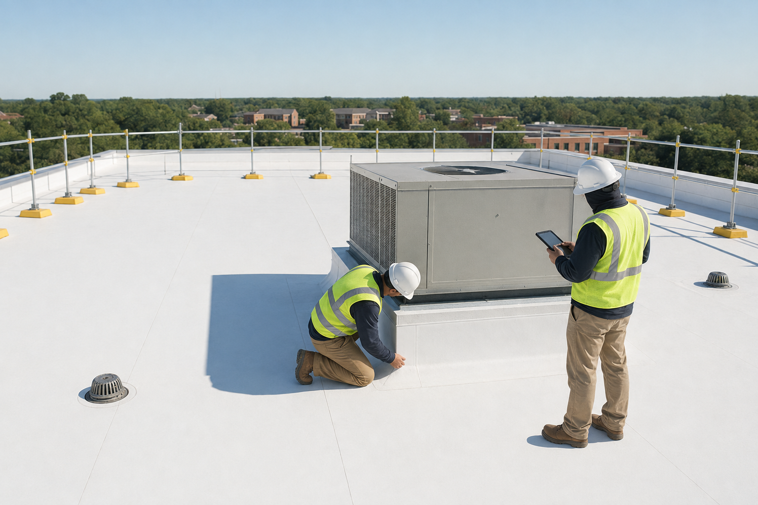 Commercial TPO roof assessment with technicians working behind perimeter guardrails